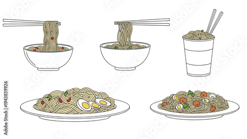 Variety of noodle dishes served in bowls, plates, and take-out cups with chopsticks representing diverse Asian cuisine and quick meal options.