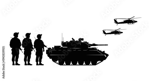 Military convoy: soldiers, tank, and helicopters in silhouette against a white background