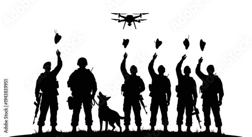Military Drone Operations: Soldiers and Dog Deploying Drone for Surveillance and Reconnaissance Mission