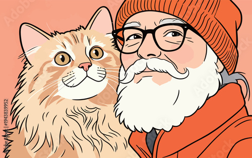 An elderly man cuddles an orange cat while wearing glasses and an orange hat. They are in front of a solid color background.