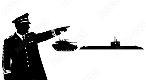 Military Commander Directs Tank and Submarine - Strategic Planning Concept