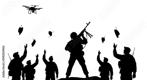 Military Drone Surveillance and Soldiers in Combat Silhouette