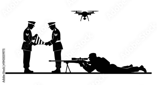 Military Drone Surveillance Over Soldiers with American Flag and Sniper