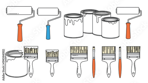 Selection of house painting tools including various sizes of rollers, open paint cans, and assorted brushes for renovation projects.