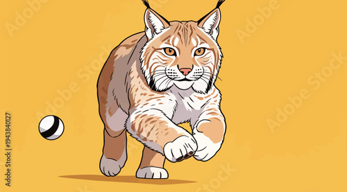 A lynx moves quickly towards a ball on a bright yellow background, showing its agility. The scene captures active wildlife play.