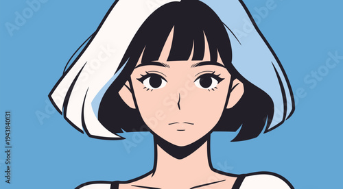 Girl with black and white hair stands facing forward against a blue background. She looks directly at the viewer with a serious expression.