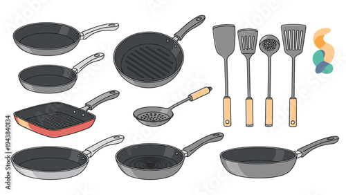 Diverse collection of kitchen cookware including frying pans, grill skillets, spatulas, and strainers with heat-resistant handles.