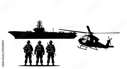 Military Helicopter Landing on Aircraft Carrier with Soldiers Standing Guard