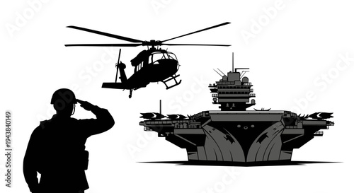 Military Helicopter Landing Near Aircraft Carrier with Soldier Saluting
