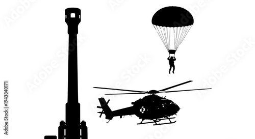Military Helicopter, Paratrooper, and Artillery Gun Silhouette - Vector Illustration