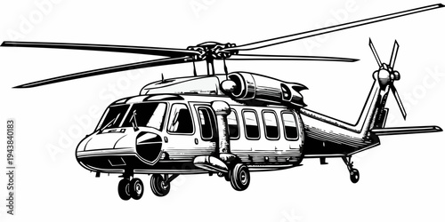 Military Tactical Transport Helicopter Stealth Utility Chopper Line Art Illustration