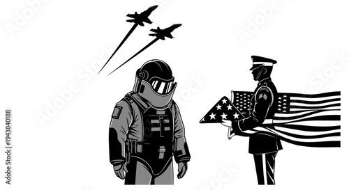 Military Honor Ceremony: Soldier with Flag, Fighter Jets Flyover, and EOD Suit