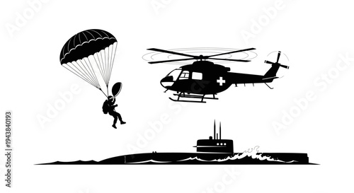 Military Helicopter, Parachutist, and Submarine Silhouette - Special Operations Concept