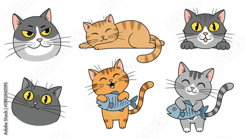 Charming illustrations of cats in different activities including sleeping, peeking over a ledge, and happily holding caught fish.