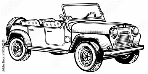 Classic Retro Compact Car Vintage Two Door Sedan Line Art Illustration