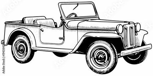 Classic Vintage Off-Road Utility Vehicle Retro 4x4 Jeep Line Art Illustration