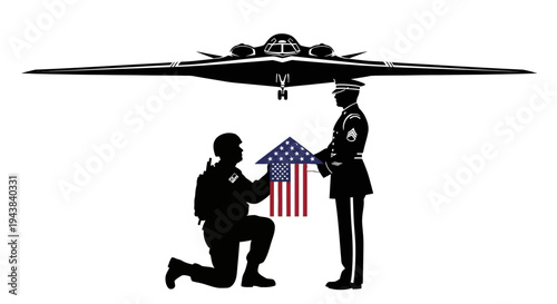 Military Honor: Soldier Presents American Flag to Officer Under Stealth Bomber
