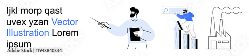 Business strategy, analytics, workplace processes, search optimization, industrial pollution, environmental awareness. Person explaining data, search bar use factory illustration. Business strategy