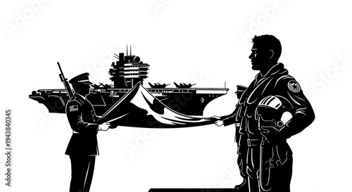 Military Honor: Pilot Receives Flag from Soldier on Aircraft Carrier Deck
