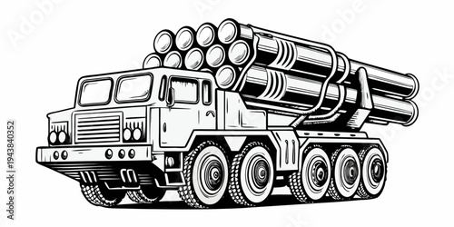 Military Multiple Rocket Launcher System Heavy Artillery Truck Line Art Illustration