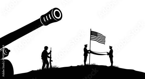 Military Honor: Soldiers Raising American Flag with Cannon Silhouette
