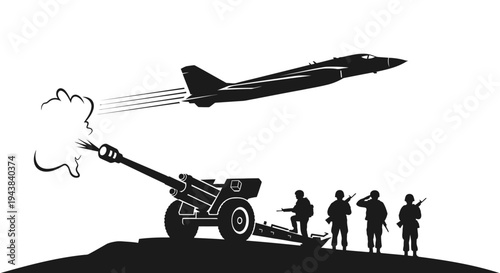 Military Jet Flying Over Artillery Cannon Firing with Soldiers Saluting