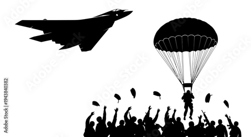 Military Jet Flies Over Paratrooper Descending Towards Cheering Crowd