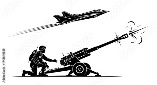 Military Jet Flying Over Soldier Firing Artillery Cannon
