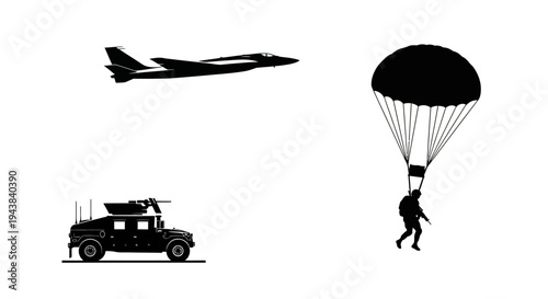 Military Jet, Humvee, and Paratrooper Silhouette - Airborne Operations Concept