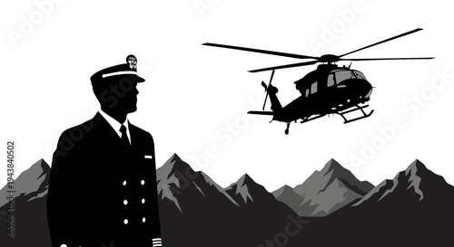 Military Officer Watches Helicopter Fly Over Mountains, Black and White Silhouette
