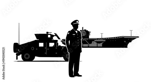 Military Officer Stands Guard Beside Humvee and Aircraft Carrier