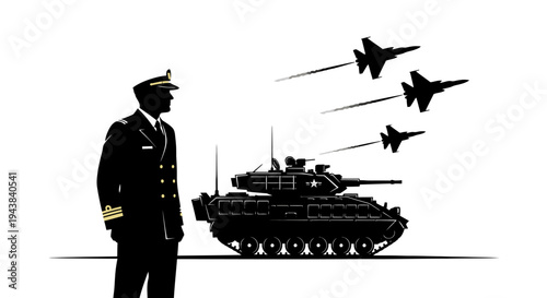 Military Officer, Tank, and Fighter Jets Silhouette - Power and Defense Concept