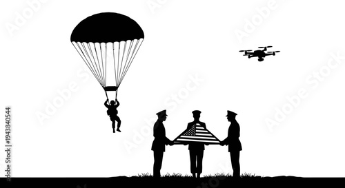 Military Parachutist Landing Near Soldiers Folding American Flag with Drone Overhead