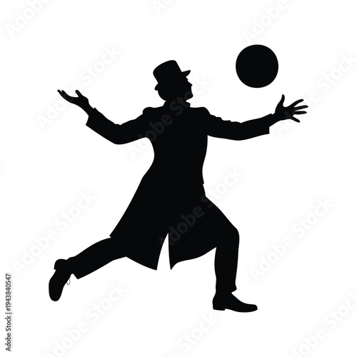 magician performing levitating ball trick silhouette vector illustration, Vintage man in classic suit catching a ball silhouette vector illustration with dynamic pose and hat