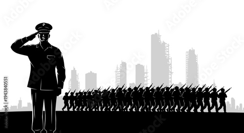 Military Parade: Soldier Saluting, Troops Marching, Cityscape Silhouette, Black and White