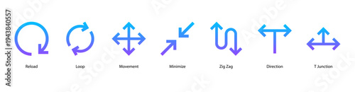 Directional Flow web banner icon vector illustration featuring Reload, Loop, Movement, Minimize, Zig Zag, Direction, and T Junction.