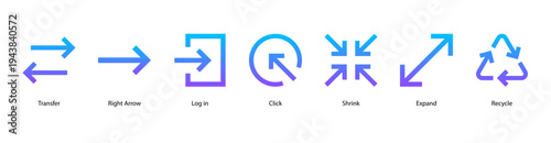 Navigation Actions web banner icon vector illustration featuring Transfer, Right Arrow, Log in, Click, Shrink, Expand, and Recycle.