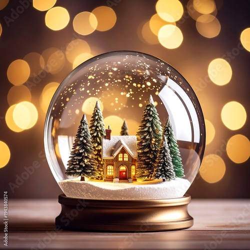 A snow globe with a house and trees inside on a wooden surface (1)