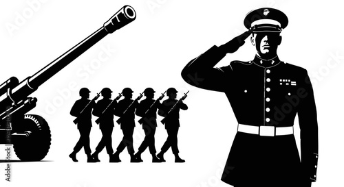 Military parade with soldiers, cannon and officer saluting, black and white illustration