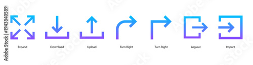 Workflow Process web banner icon vector illustration featuring Expand, Download, Upload, Turn Right, Turn Right, Log out, and Import.