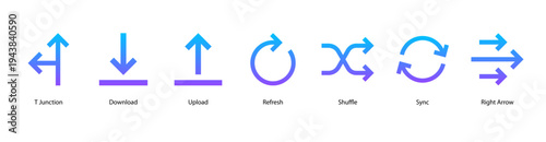 Data Transfer web banner icon vector illustration featuring T Junction, Download, Upload, Refresh, Shuffle, Sync, and Right Arrow.