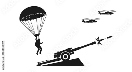 Military Paratrooper Jumps Near Firing Cannon and Helicopters in Combat Scene