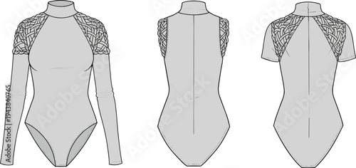 High neck bodysuit fashion sketch, three sleeve variations, woven shoulder detail, flat cad vector drawing, technical clothing illustration