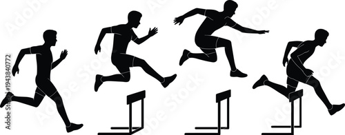 Black hurdle race silhouettes, athletic running vector, sports training icons, track and field illustration, dynamic motion design, fitness art, athlete decor