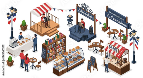 Isometric illustration of a vibrant French market scene celebrating International Day of La Francophonie with various food stalls, cultural performances, and people enjoying French language