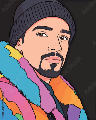 A young man stands confidently wearing a bright and colorful jacket with a beanie. He looks directly ahead with a serious face.
