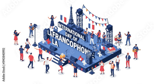 Isometric illustration of people celebrating International Day of La Francophonie with a large blue platform and French flags, symbolizing global French-speaking community and cultural