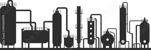 Black industrial equipment silhouettes, chemical plant vector, refinery icons, process engineering design elements, petrochemical structures, factory art, manufacturing decor