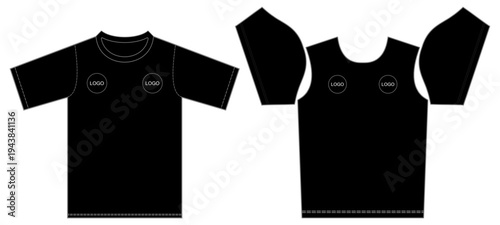 Black T Shirt Sewing Pattern Pieces and Front View Apparel Vector Template