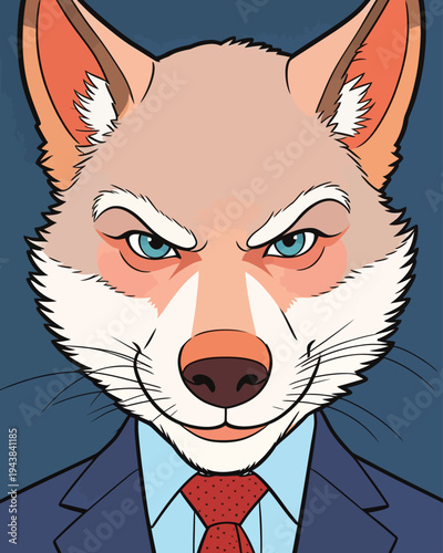 A wolf character in a suit stares directly at the viewer. It shows determination and focus while in an office environment.